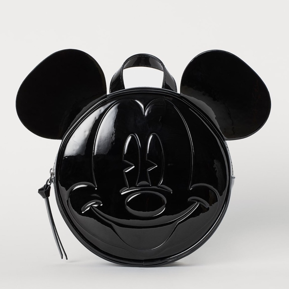 H&M RARE Disney Mickey Mouse Black Faux Patent Leather Round Backpack - Picture 2 of 5
